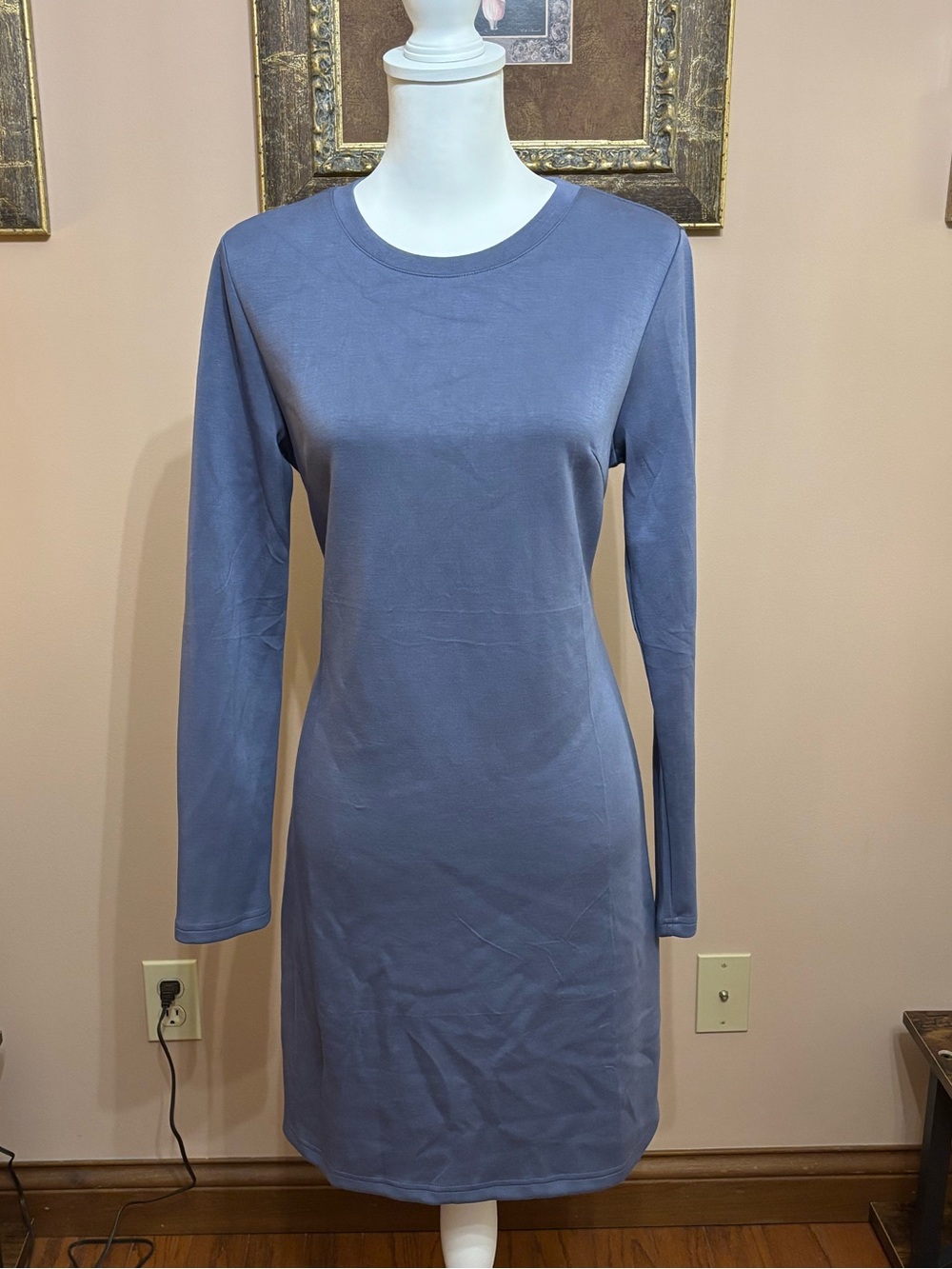 Classic Long-Sleeve Crewneck Dress in Slate Blue